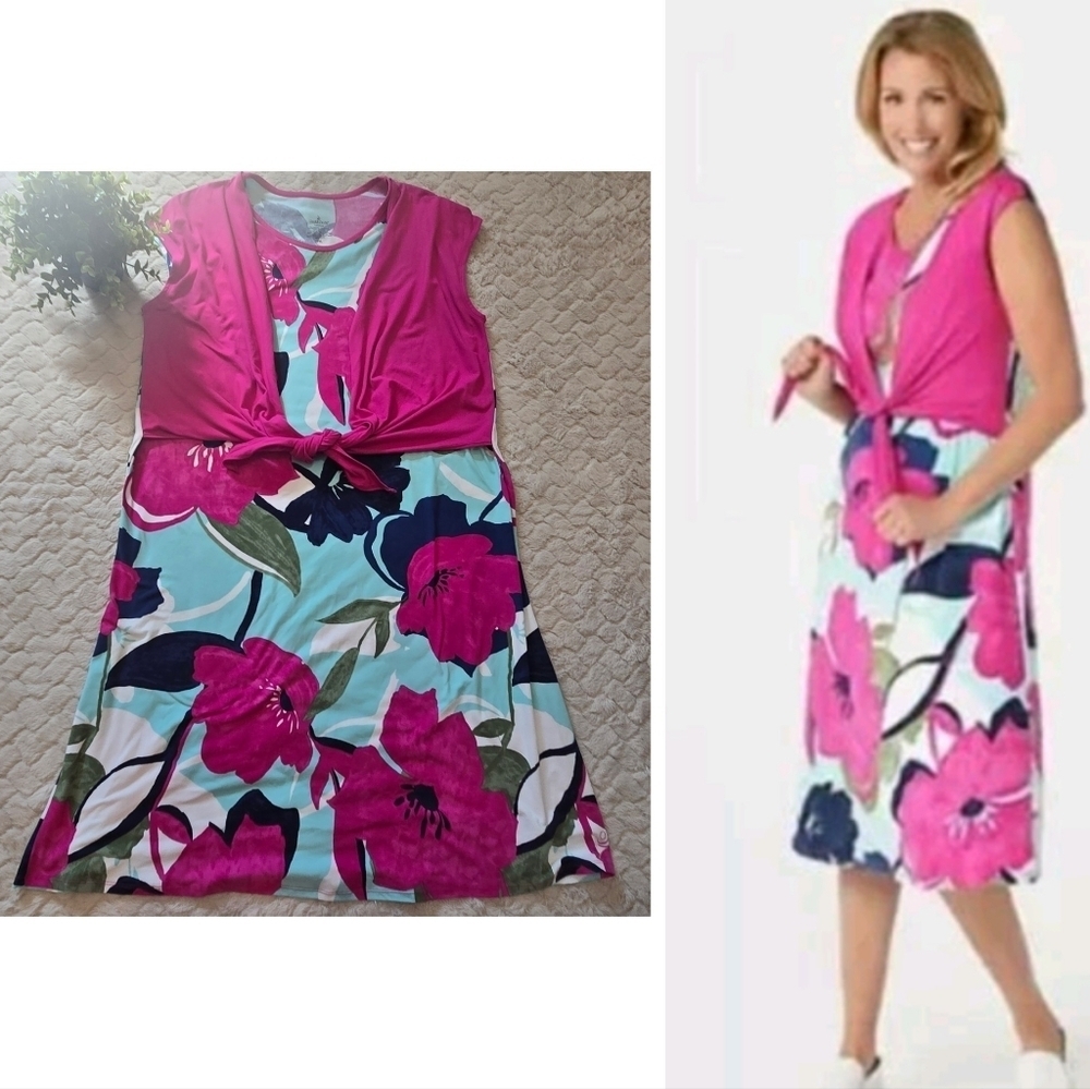 Cuddl Duds Flexwear Pink & Blue Floral Tie-Front Midi-Dress, Size XL Petite